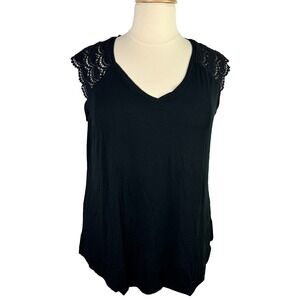 Ava & Viv Women's Tank Black Crochet Shoulder Plus Size 2X (20W/22W)